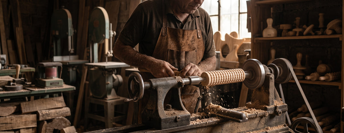 Un artisan façonne un outil de massage en bois sur un tour, dans un atelier de menuiserie.