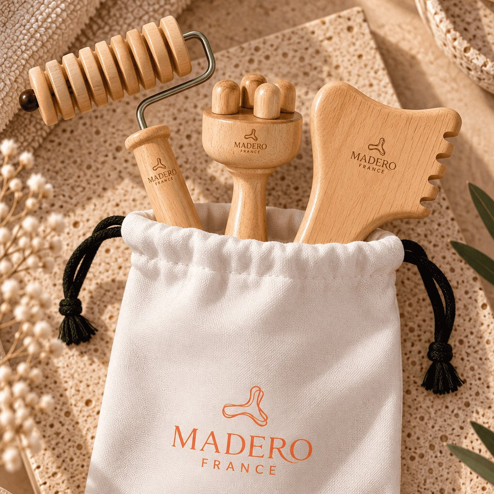 Kit visage Auto-Madero : rouleau, champignon et table de façonnage dans leur pochette MADEROFRANCE